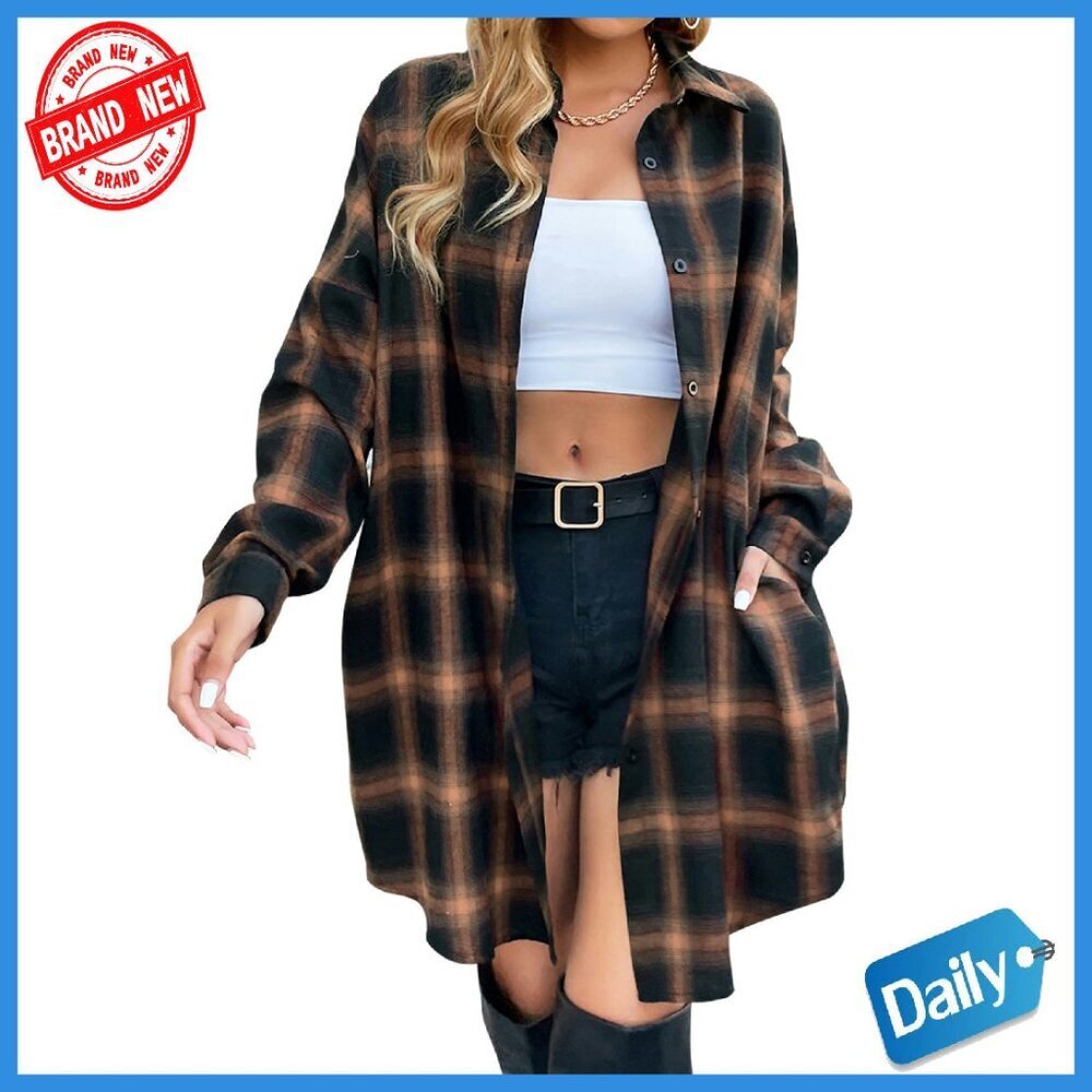 Women's Button Down Flannel Shacket Long Sleeve Collared Jacket